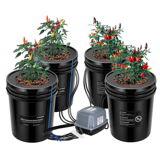 ENJO 5 Gallon DWC Hydroponic System Kit (4 Bucket, Black)